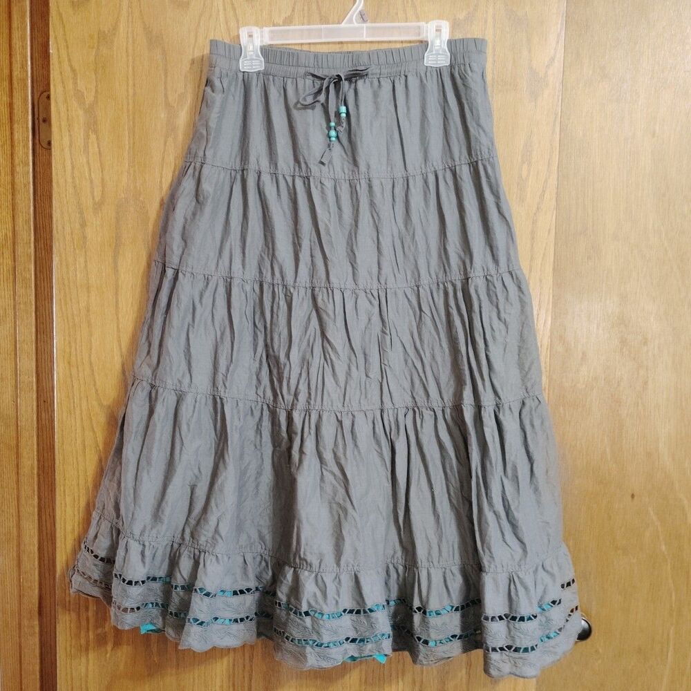 Old Navy Tiered Eyelet Maxi Skirt Size M Gray Teal Lined Peasant Prairie Vintage